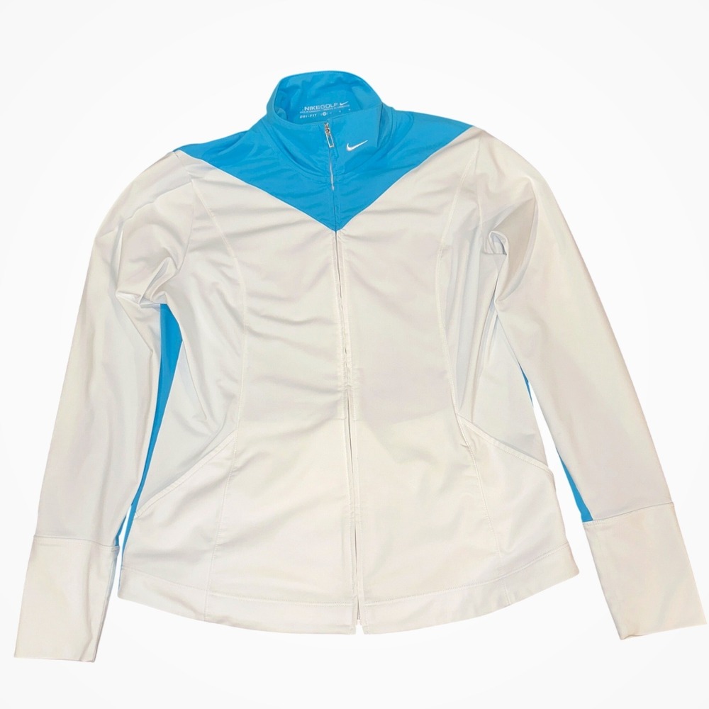 Nike‎ Golf Women's M Dri-FIT Full Zip Jacket Blue White Colorblock Mock Neck